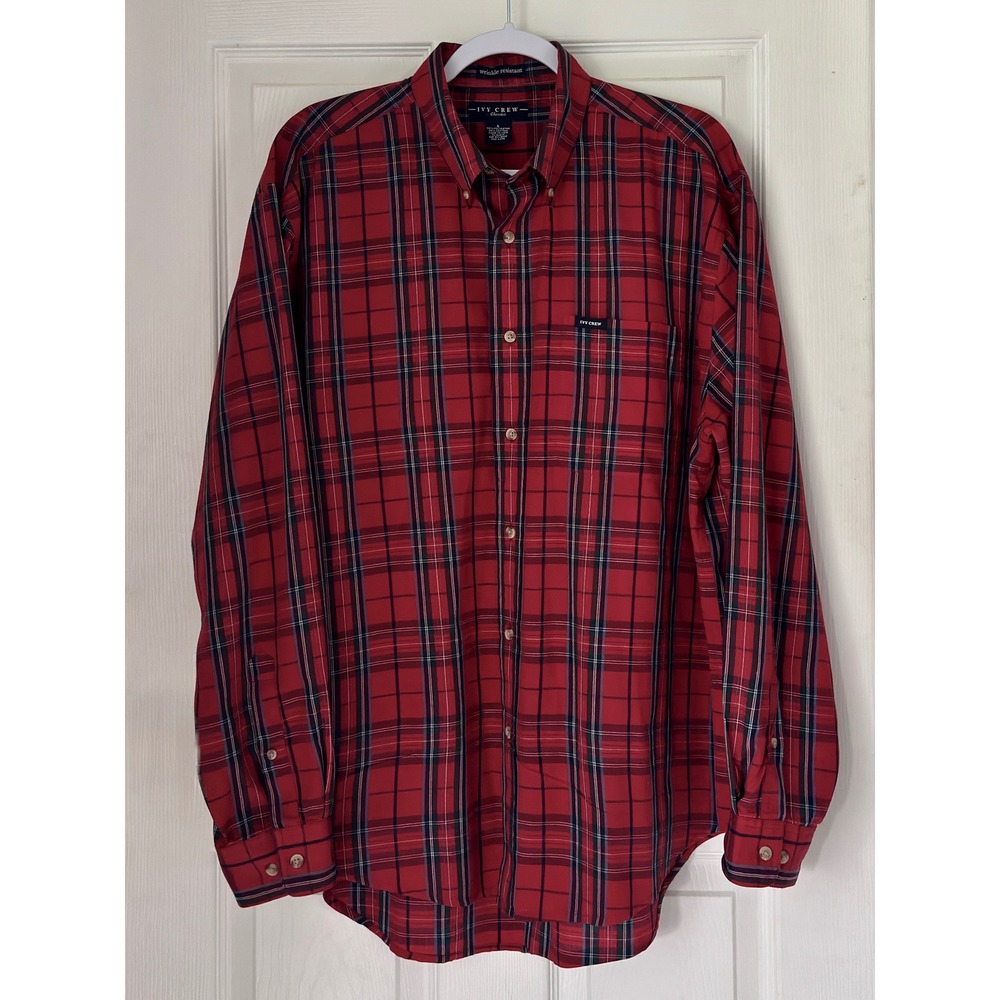 Ivy Crew Red Plaid Button Down Mens Wrinkle Resistant Long Sleeve Large